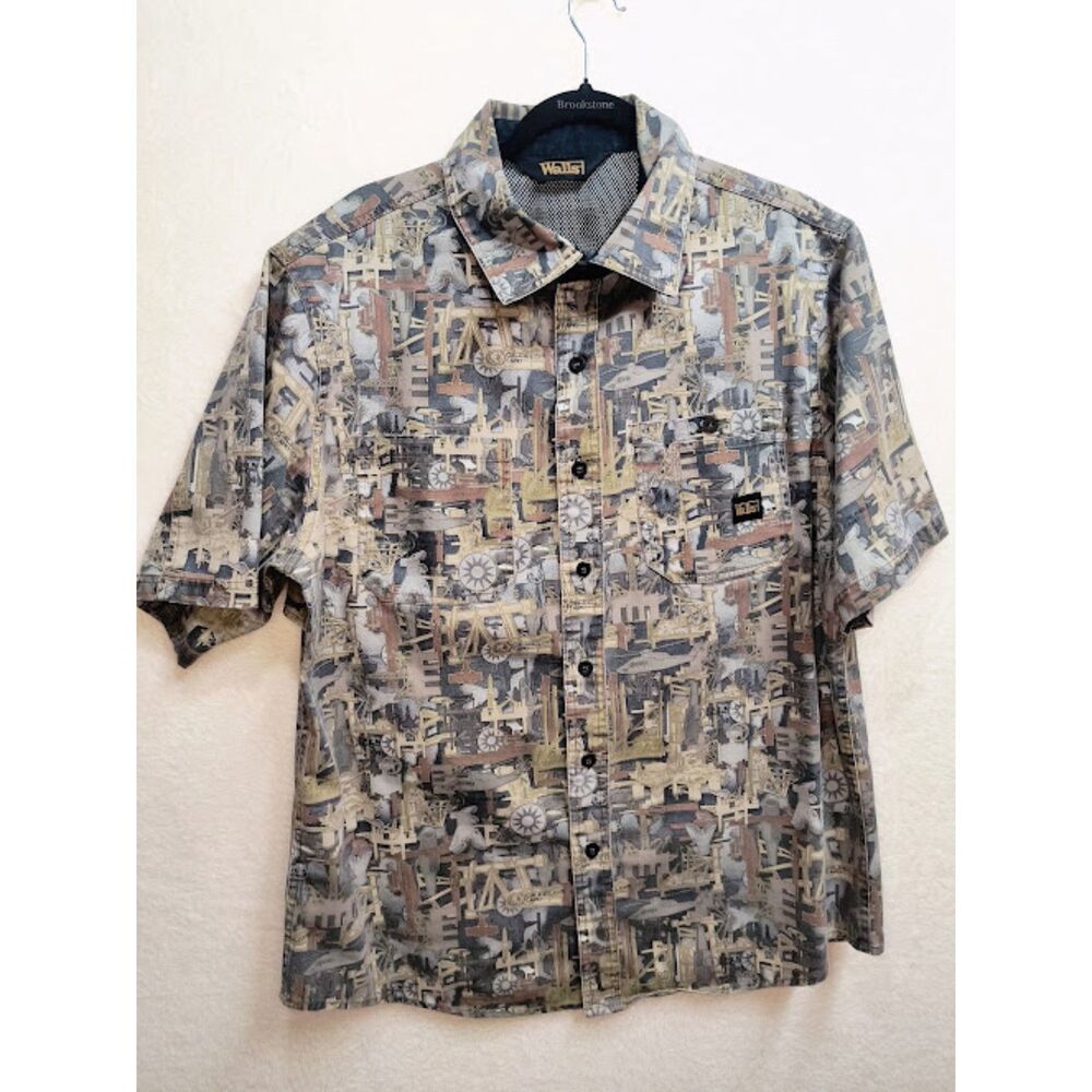 Walls Oilfield Camo Work Shirt Men's XL Short Sleeve Button Up Oil Rig Graphic